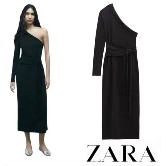 Zara Black Knit Asymmetric One Shoulder MidiTie Waist Dress with Size Large - Picture 1 of 6